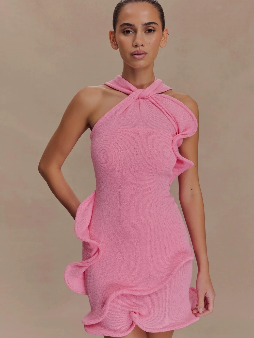 MESHKI CAPRICE Pink Twist-Neck Ruffle Bodycon Dress